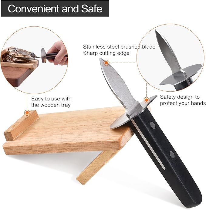 Oyster Knife Shucker Set Oyster Shucking Knife with Wooden holder Oyster Shucking Clamp Seafood Tools (Black)