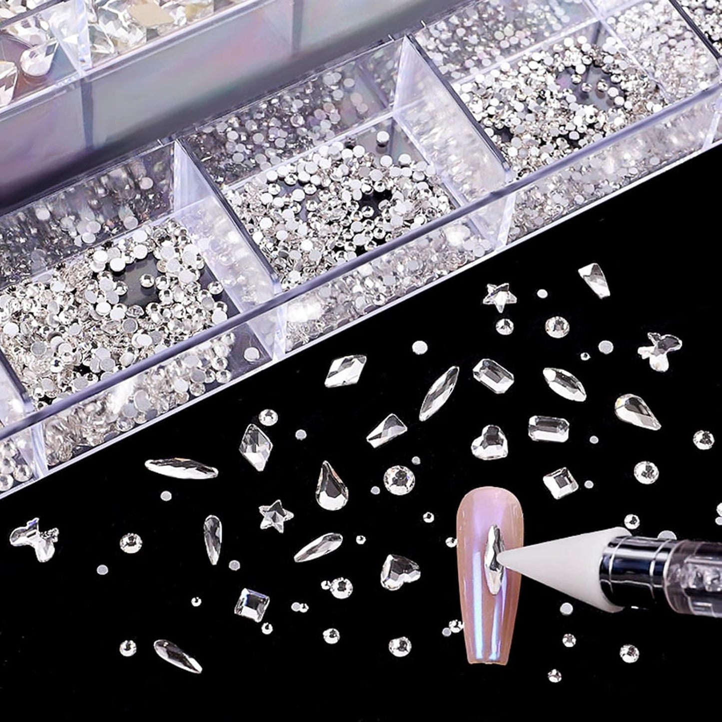 Nail Rhinestones Kit, Nail Art Decorations with Wax Pencil Flat AB Rhinestones Kit DIY Crafts Gemstones for Nail, Shoes, Clothes, Jewels (600 Powder diamonds + 2500 flat rhinestone)-BrightBean Baby