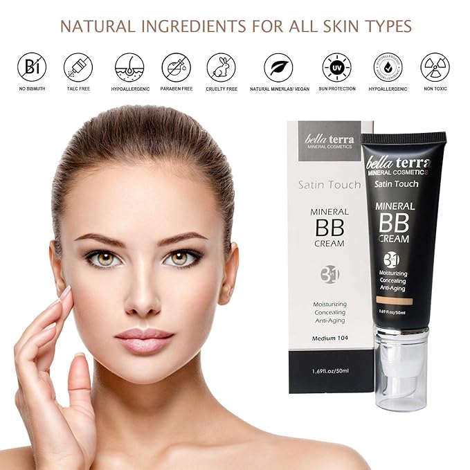Bellaterra Cosmetics BB Cream - Tinted Moisturizer & Mineral Foundation, Hypoallergenic, Buildable Coverage, Oil-Free, Non-Comedogenic, Vegan, 1.69oz, Dark 108-BrightBean Baby