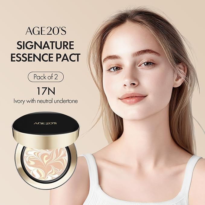 AGE20'S Signature Essence Pact SPF 50+ | Pack of 2 | 17N IVORY | Cream Foundation, Dewy Finish, Natural Coverage | Korean Cushion Foundation-BrightBean Baby