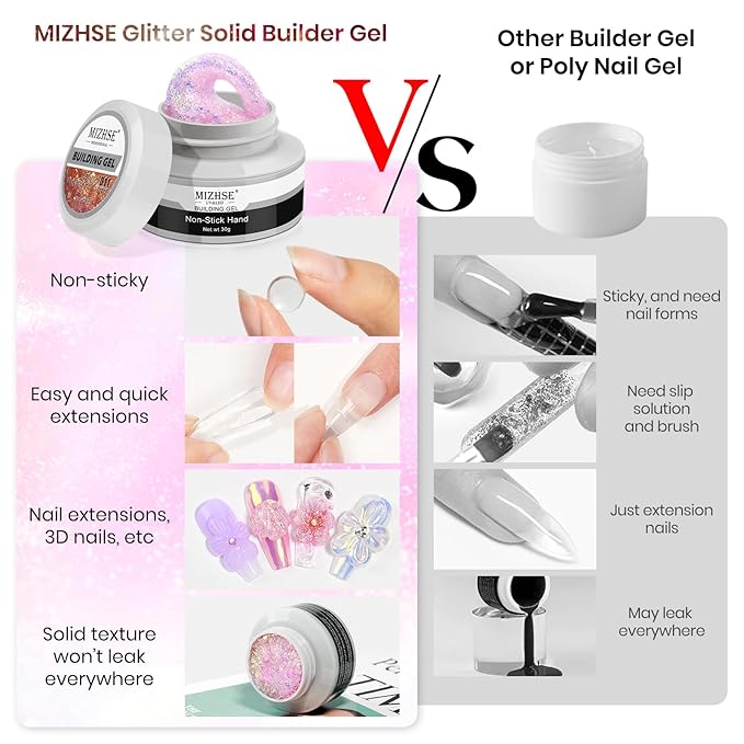 MIZHSE 2PCS Solid Builder Gel for Nails: 30g/1oz Clear & Pink Glitter Hard Gels for Nails 3D Gel with Dual Forms 3D Silicone Mold Soak off U V Builder Gels for Nail Art Manicure Home DIY-BrightBean Baby