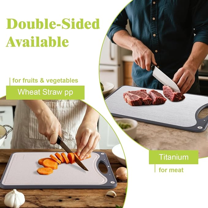 Titanium Cutting Board,Double Sided Chopping Board,Food Grade Titanium And Wheat Straw PP, Large Size 15”×10” And Easy To Clean,Dark Gray