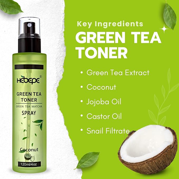 Green Tea Matcha Facial Toner Mist with Coconut Water, Refreshing, and Soothing Face Toner, with Jojoba Oil, Castor Oil, Snail Filtrate,120ml-BrightBean Baby