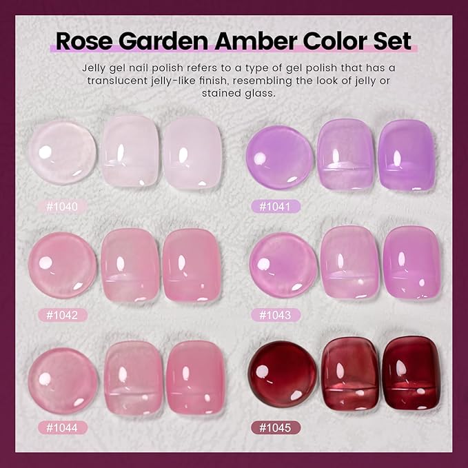 RARJSM Purple Pink Jelly Gel Nail Polish Set 6pcs Clear Crystal Glass Grape Purple Rose Pink Series Transparent Sheer Amber Milky Gel Varnish LED UV Curing Requires Soak off French Manicure Home Salon-BrightBean Baby