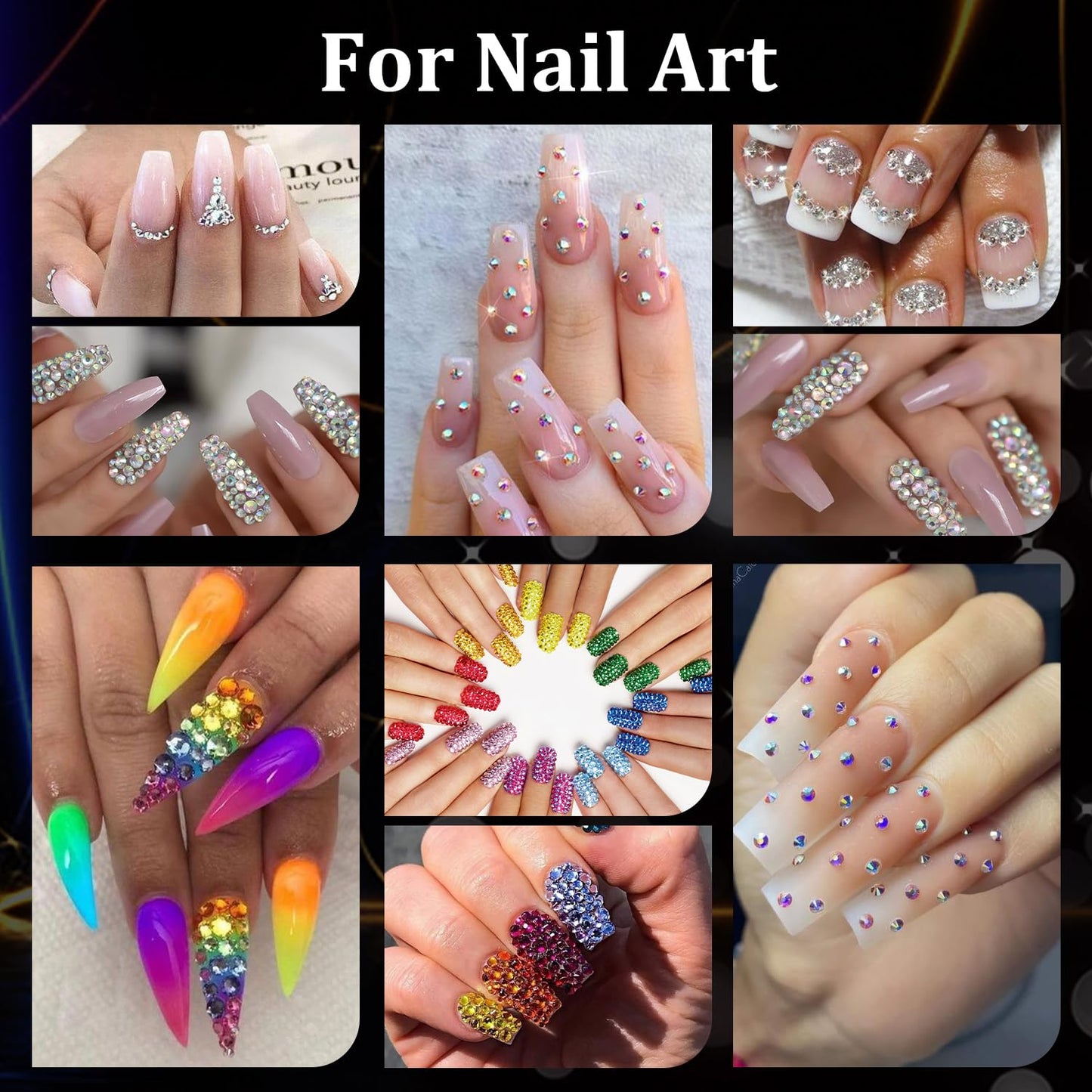 Rhinestones for Nails, Manicure Gem, Flatback Glass Crystal AB + Transparent Clear Gemstones and Colorful Resin Beads, 2-5mm Round Gems for Professional Salon DIY Nail Art with Pickup & Dotting Tools-BrightBean Baby