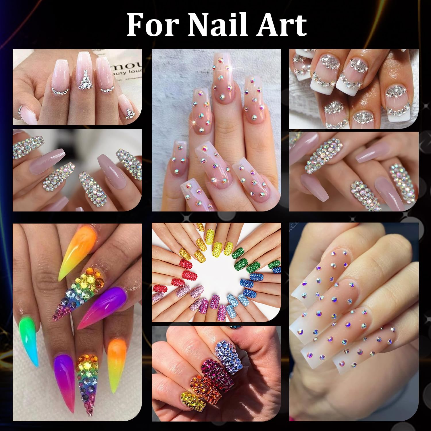 Rhinestones for Nails, Manicure Gem, Flatback Glass Crystal AB + Transparent Clear Gemstones and Colorful Resin Beads, 2-5mm Round Gems for Professional Salon DIY Nail Art with Pickup & Dotting Tools-BrightBean Baby