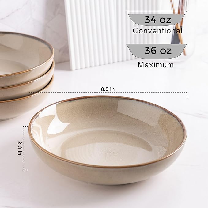 AmorArc 8.5'' Large Pasta Bowls, 36oz Ceramic Pasta Serving Bowls Set of 6 for Kitchen, Wide Bowls for Pasta,Salad,Oatmeal, Microwave Safe, Latte