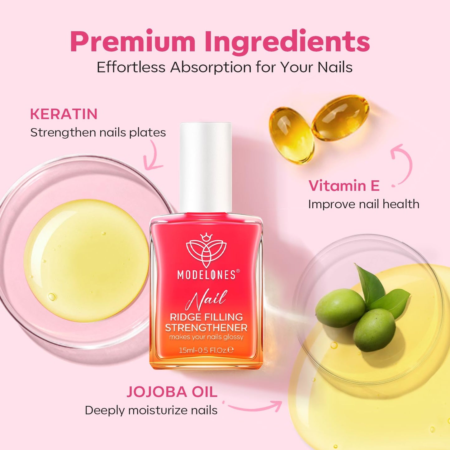 modelones Nail Strengthener Jelly Pink Nail Polish Repair 8-in-One Nail Ridge Filler Nail Strengthener and Growth for Damaged Nails 15ml-BrightBean Baby