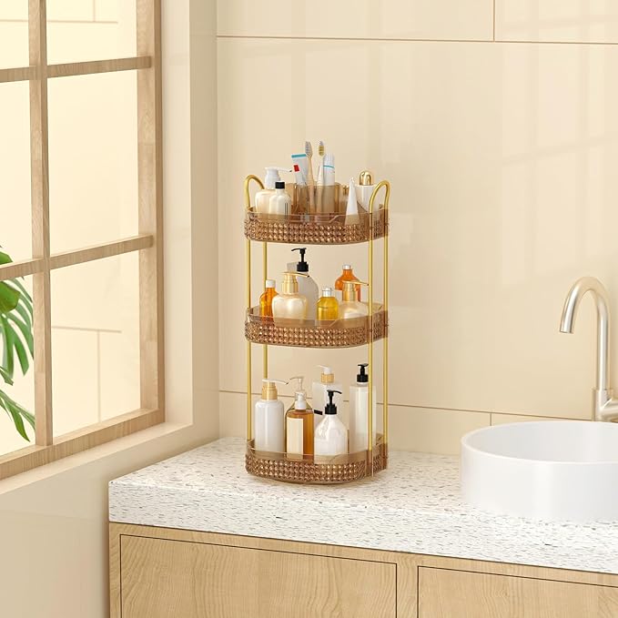 Rotating Makeup Organizer for Vanity 3 Tier, Perfume Organizer with Makeup Brush Holder, Large Capacity Cosmetics Clear Skincare Organizer for Countertop (Pink)-BrightBean Baby