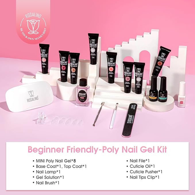 ROSALIND Poly Nail Gel Kit -8 Colors + White Brown Accessories Clear Nude Poly Nails Gel Starter Kit With Slip Solution Nude Pink Extensions Set with Mini UV Lamp-BrightBean Baby
