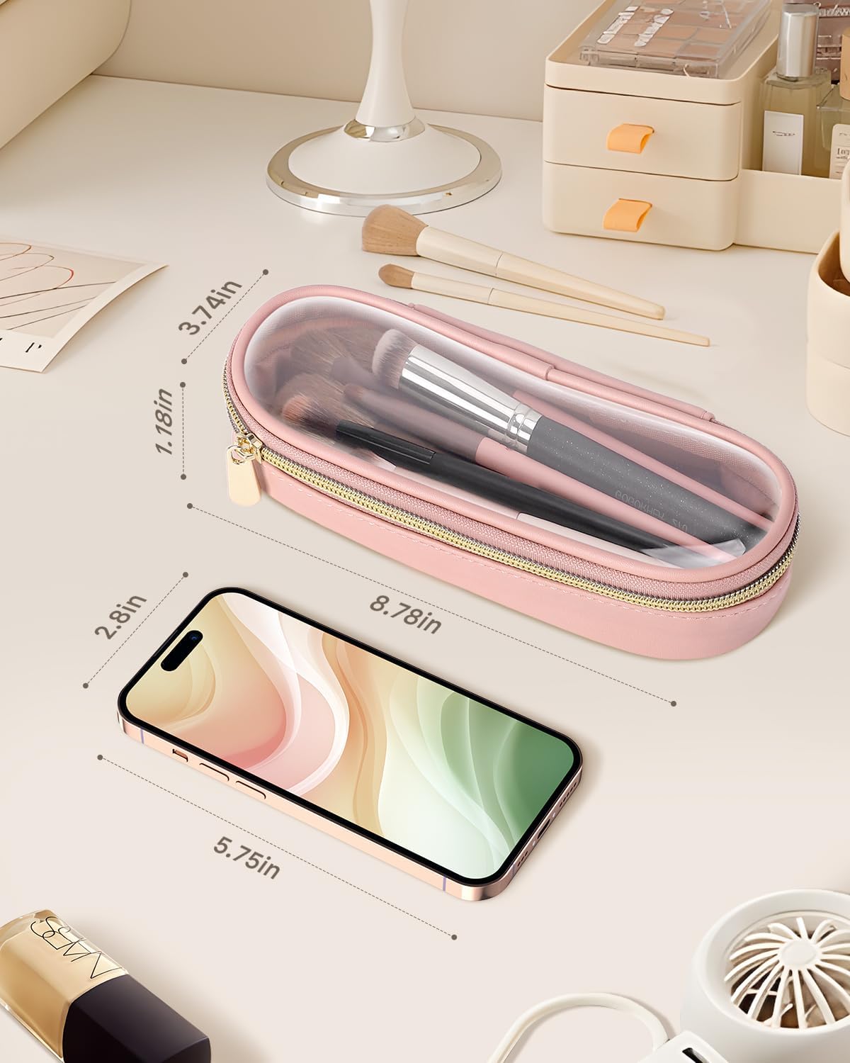 Clear Travel Makeup Brush Holder, Leather Makeup Brush Toiletry Bag, Portable Cosmetic Brush Case, Transparent Waterproof Makeup Brush Storage Bag, Pink, Large-BrightBean Baby