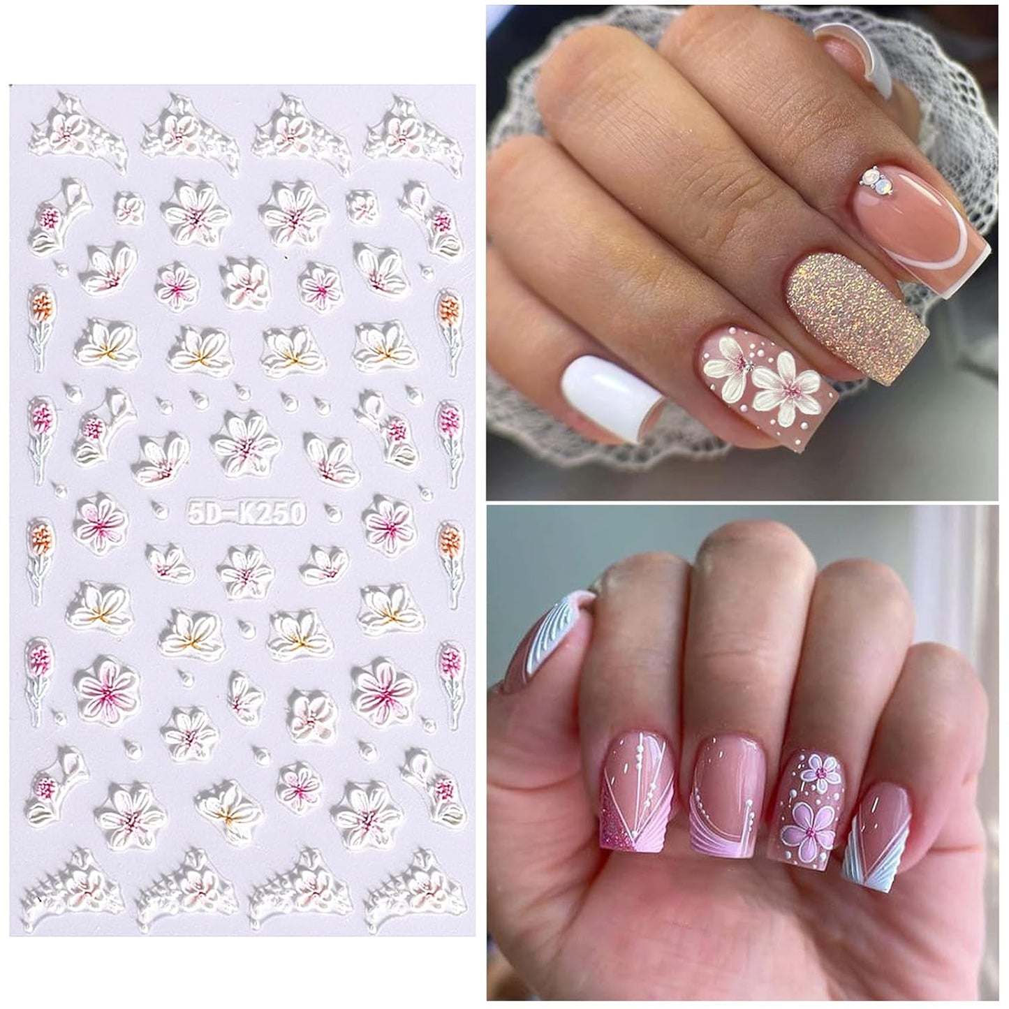 Pink Flower Nail Art Stickers Decals 5D Embossed Nail Decals Spring Summer Nails Art Design Self-Adhesive Supplies Accessories 3D Flower Stickers for Women Nails DIY Decoration-BrightBean Baby