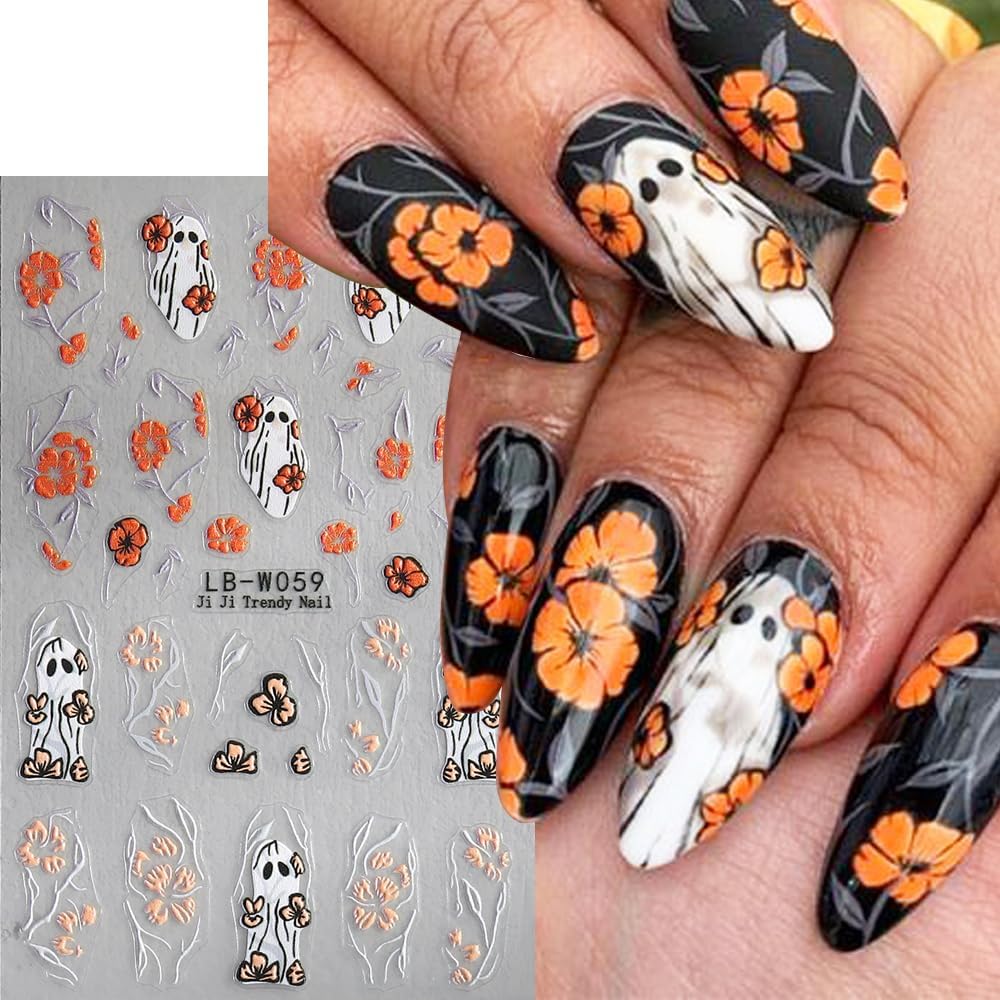 5 Sheets Halloween Nail Art Stickers Horror Ghost Self-Adhesive Embossed Flower Skull Nail Decals - with Cute Sunflower Strawberry Spider Ghost Designs for Women Girls DIY Nail Decoration-BrightBean Baby