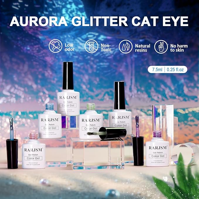 RARJSM Aurora Mermaid Cat Eye Gel Nail Polish Set 6pcs Reflective Pink Purple Green Blue Diamond Ceramic Glitter Glass Cateye Gelpolish with Magnet Stick 7.5ml Curing Requires Soak Off for Home Salon-BrightBean Baby
