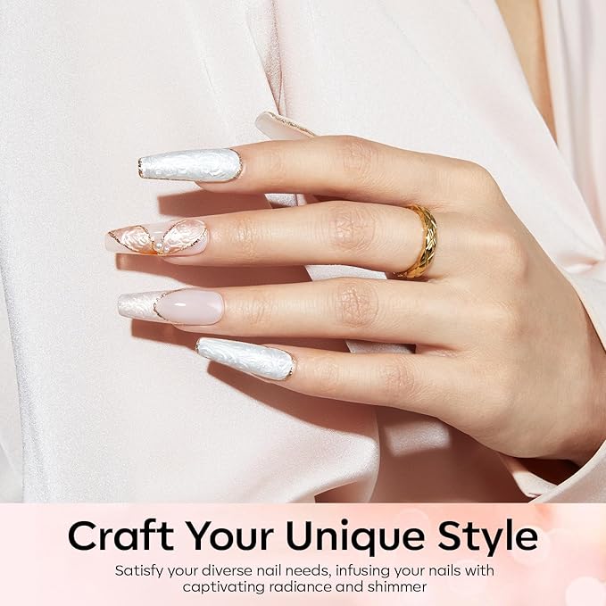 modelones Pearl Gel Nail Polish, 6 Colors Shimmer Glitter Iridescent White Nude Blue Pink Mermaid Nail Drawing Soak Off Gel Polish Swirl Shell Thread Effect Gift DIY at Home with Dotting Pen-BrightBean Baby