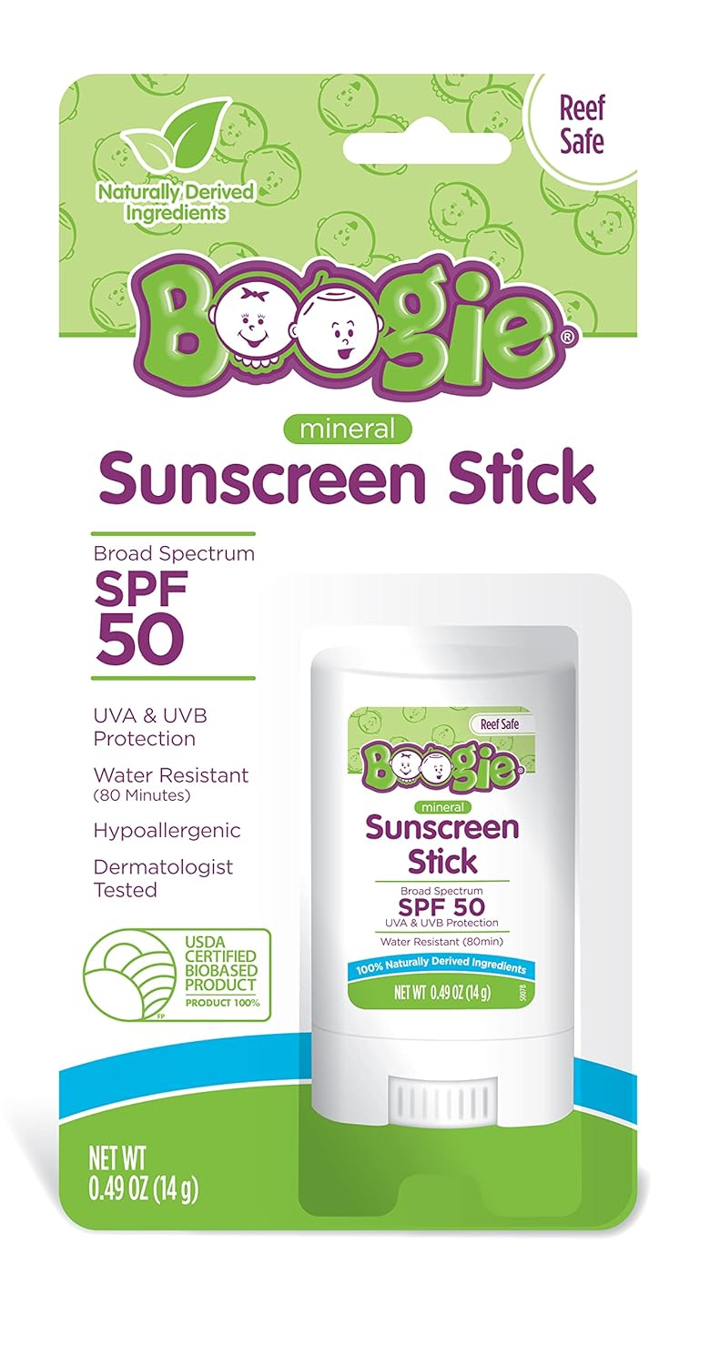 Baby Sunscreen Stick by Boogie Block, Mineral Sunscreen SPF 50, Travel Size Sunblock for Kids, Zinc Oxide, Water Resistant, Vegan, Fragrance Free Pack of 1-BrightBean Baby
