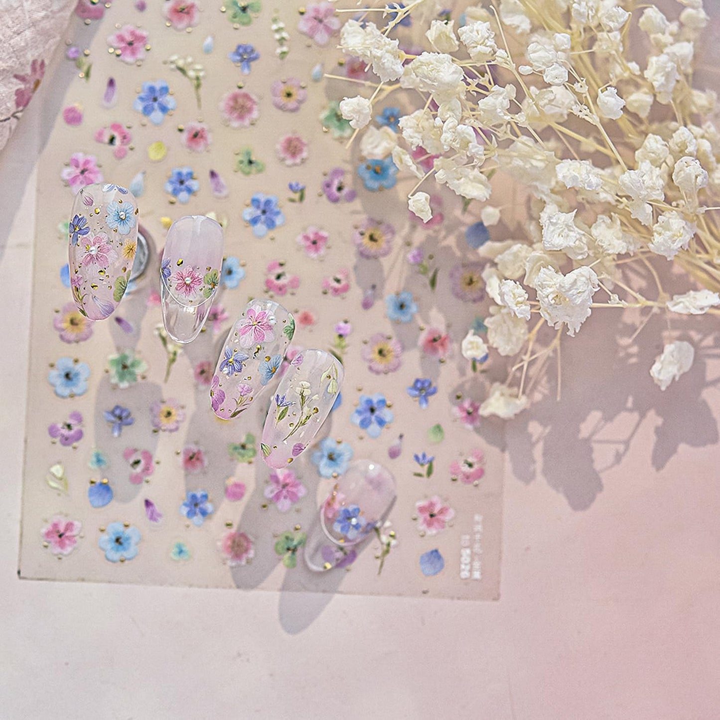 Dried Flower Nail Art Stickers Colorful Flowers Nail Decals for Acrylic Nails 3D Self Adhesive Glitter Designs Nail Sticker Cute Floral Nail Decal Spring Summer Manicure Supplies for Women DIY Decor-BrightBean Baby