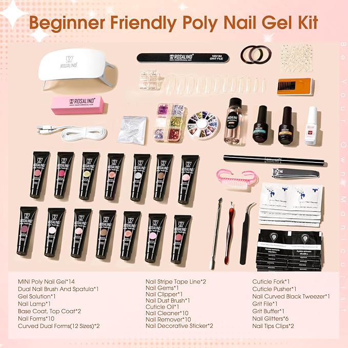 ROSALIND Poly Nail Gel Kit -14 Colors +72 Nail Art Accessories kit Clear Nude Poly Nails Gel Kit Starter Kit with Mini UV Lamp Slip Solution Basic Tools for Beginners with Everything-BrightBean Baby