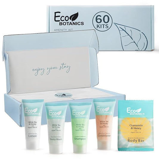 Eco Botanics Amenity Kit | Boxed Hotel Toiletries | Bulk Set .85 oz Travel Size Shampoo, Conditioner, Lotion, Body Wash & Body Bar Soap for Guest Hospitality AirBnB/Vacation Rentals | 60 sets per case-BrightBean Baby