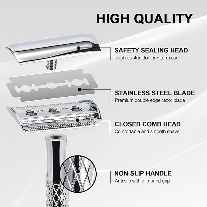 Double Edge Safety Razor for Men with Stand and Silicone Cover - Durable Metal Eco-Friendly Single Blade Safety Razor with 10 Blades- Closed Smooth Shave (Silver)-BrightBean Baby