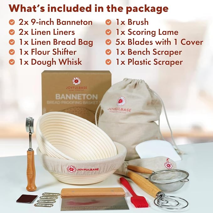 Bread Proofing Basket- 9-Inch Round Banneton Set Of 2- Sourdough Bread Baking Supplies complete tools- Dough Proofing Basket for Fermentation- With Linen Bread Bag + 16 Included Accessories For A Gift