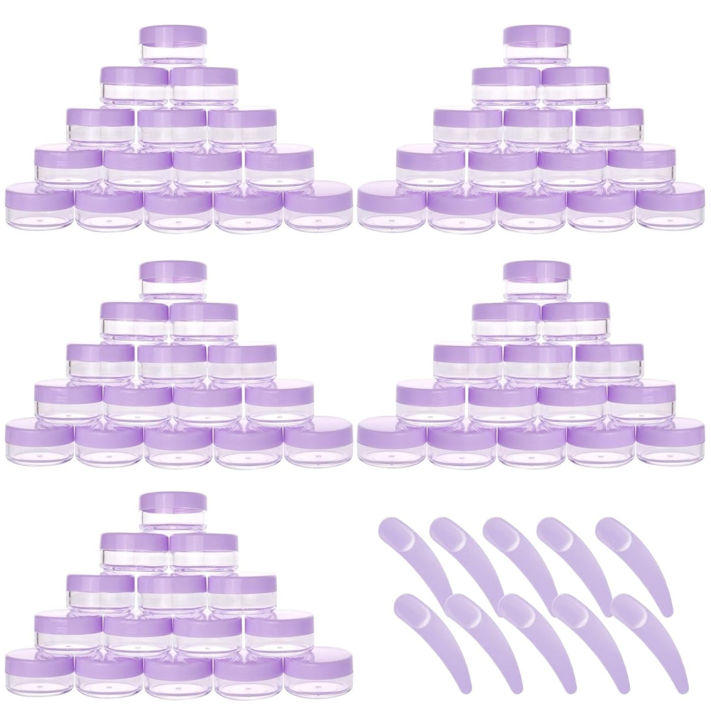 Refillable Cosmetic Sample Jars - 100 Pack 10g (0.35oz) Purple Small Travel Containers with Lids + 10 Mini Makeup Spatulas - BPA Free-BrightBean Baby