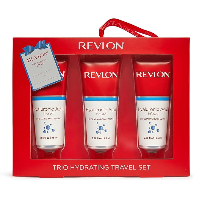 REVLON Get Carried Away Trio Hydrating Travel Set, Hyaluronic Acid Infused, Hydrating Body Wash, Body Lotion, Exfoliating Body Scrub, 3 Count (2.88 fl oz)-BrightBean Baby