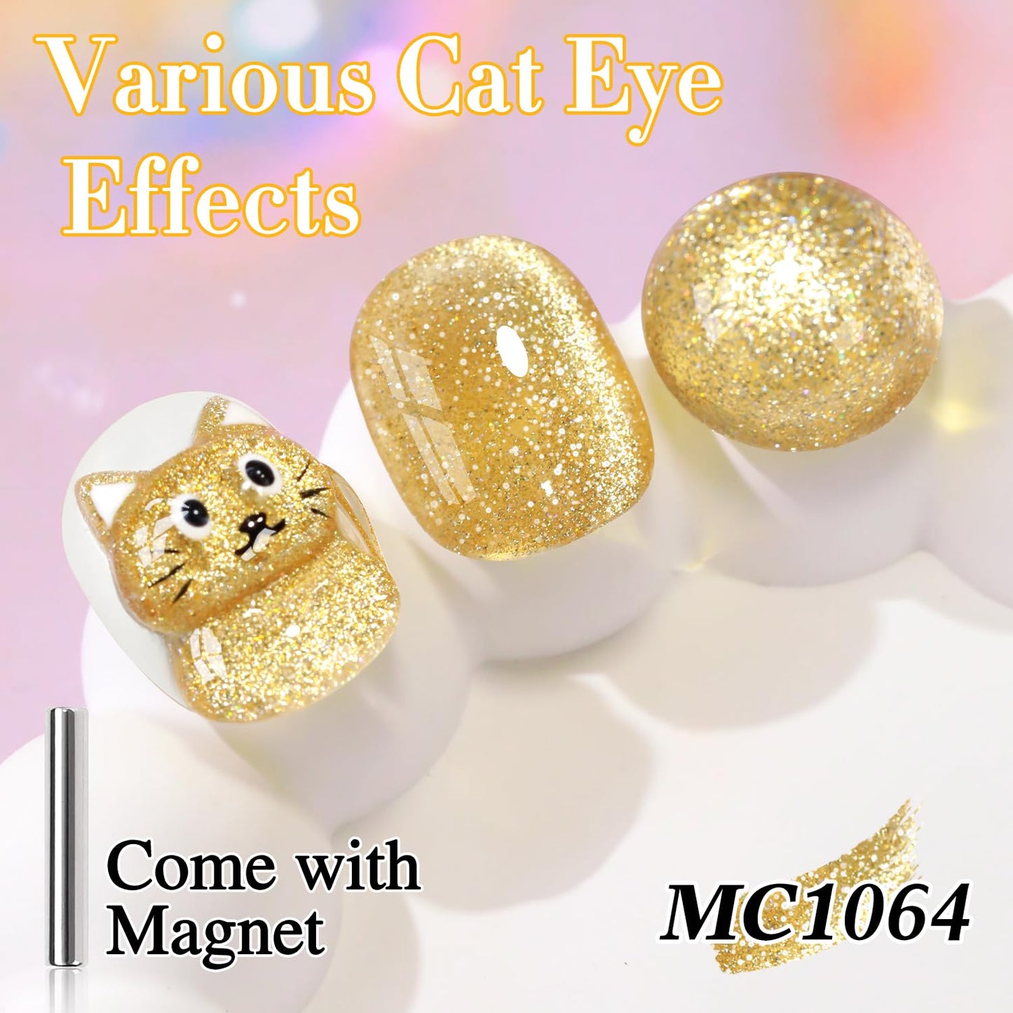 Double Rhythm Cat Eye Gel Polish with Magnet 15ML Holographic Glitter Shimmer Translucent Sheer Color Glass Magnetic Gel Polish Salon DIY at Home (Light Gold-MC1064)-BrightBean Baby
