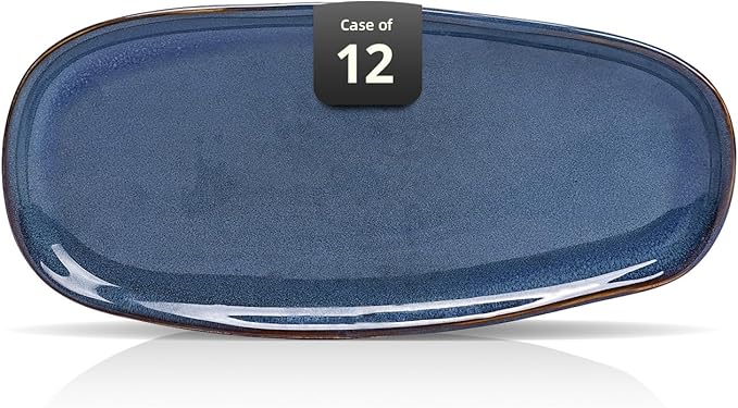 Organic Shape Restaurant Serving Tray 11.5 X 5.125", Commerical Grade Catering Stoneware Tray in Ir-regular Organic Shape, Chip & Scratch Resistant, Glossy Reactive Glaze Blue, Case of 12