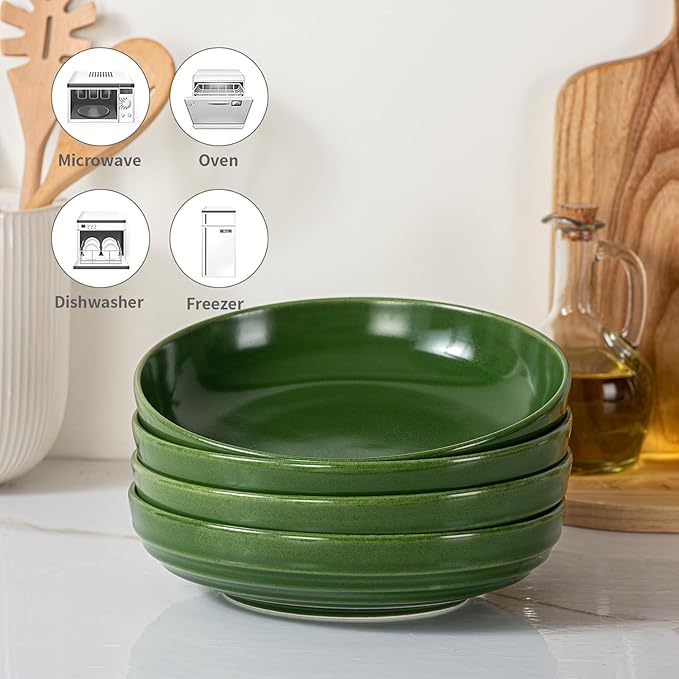 HAPPY KIT Pasta Bowls 42 Oz, Stoneware Reactive Glaze Serving Bowl Set of 4, 9'' Large Salad Bowls for Fruits, Noodle, Dinner, House-warming Wedding Present, Emerald Green