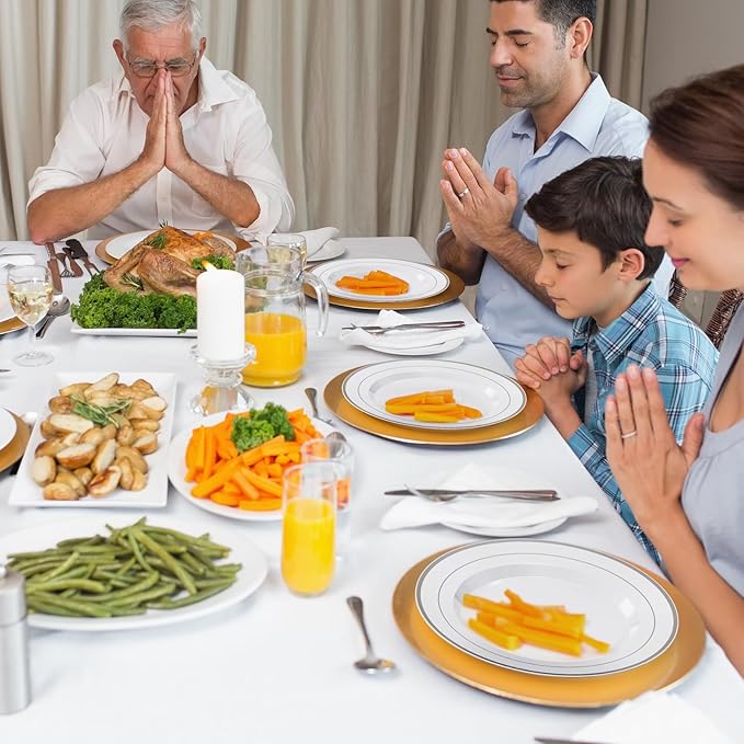 JOLLY CHEF 100 Pieces Silver Plastic Plates, 10 Inch Elegant Disposable White with Silver Rim, Plastic Plates for Thanksgiving, Birthdays and Weddings