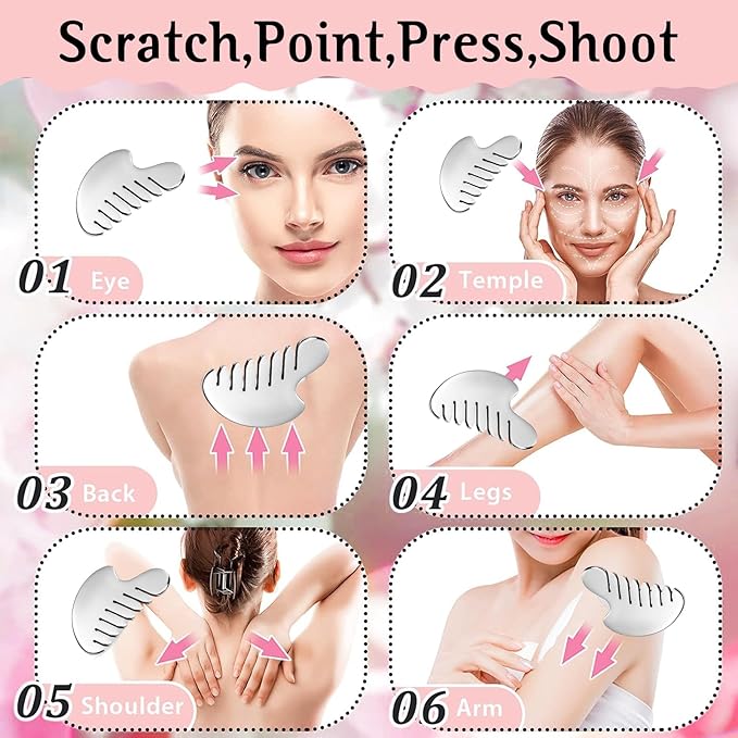 Gua Sha Facial Tool and Face Roller Set, Stainless Steel Lymphatic Drainage Massager for Face, Head, Eyes, Chin and Jaw, Lifting, Massage Scraping with Travel Pouch-BrightBean Baby