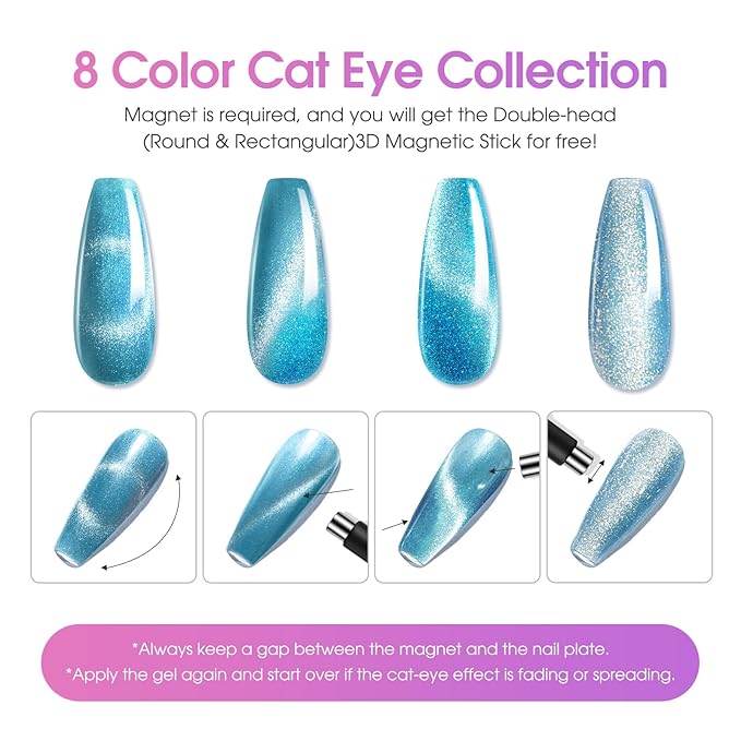 ROSALIND Cateye Gel Polish, 8 Colors Holographic Magnetic Cat Eye Gel Nail Polish Set with Magnet, Red Blue Purple Black Gel Polish Galaxy Collection Nail Art Gift DIY at Home-BrightBean Baby
