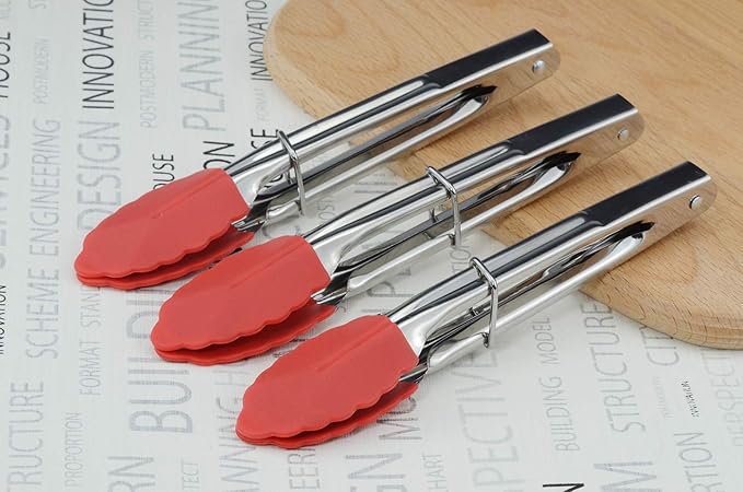 Small Tongs with Silicone Tips 7 Inch Kitchen Tongs, Set of 3 (Red)