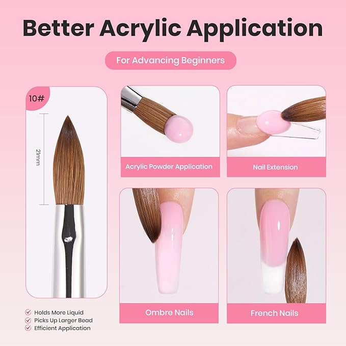 Beetles Acrylic Nail Brush Kolinsky Hair Bristles Round Shaped Metal Handle Nail Art Brushes for Manicure Extension Acrylic Powder DIY at Home Manicure Tool - Size 10-BrightBean Baby