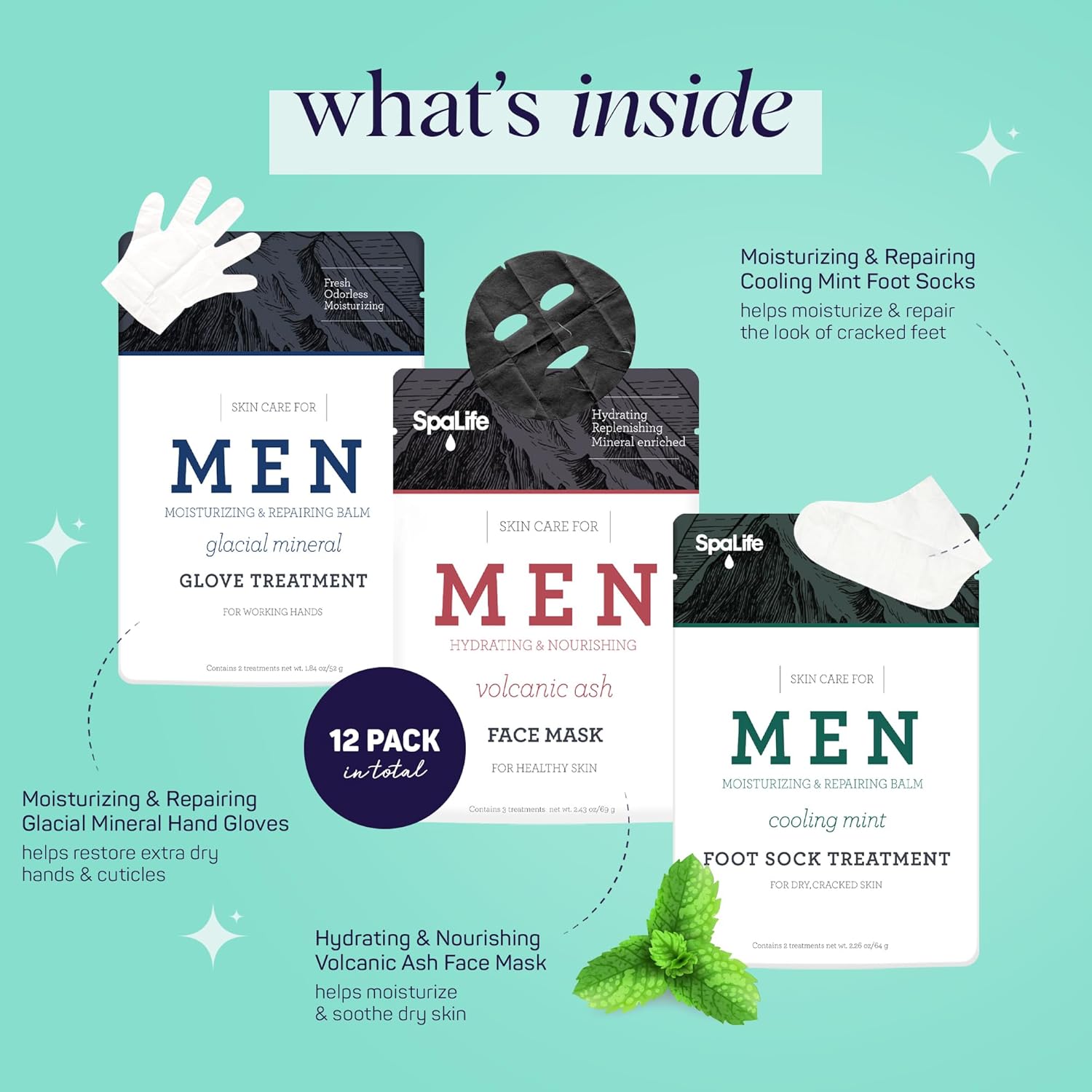 SpaLife Men's 12-Piece Spa Set: Repairing Hand Gloves for Dry Hands, Cooling Mint Foot Socks for Cracked Heels, and Moisturizing Face Mask Ultimate Men Grooming and Relaxation Gift Kit-BrightBean Baby