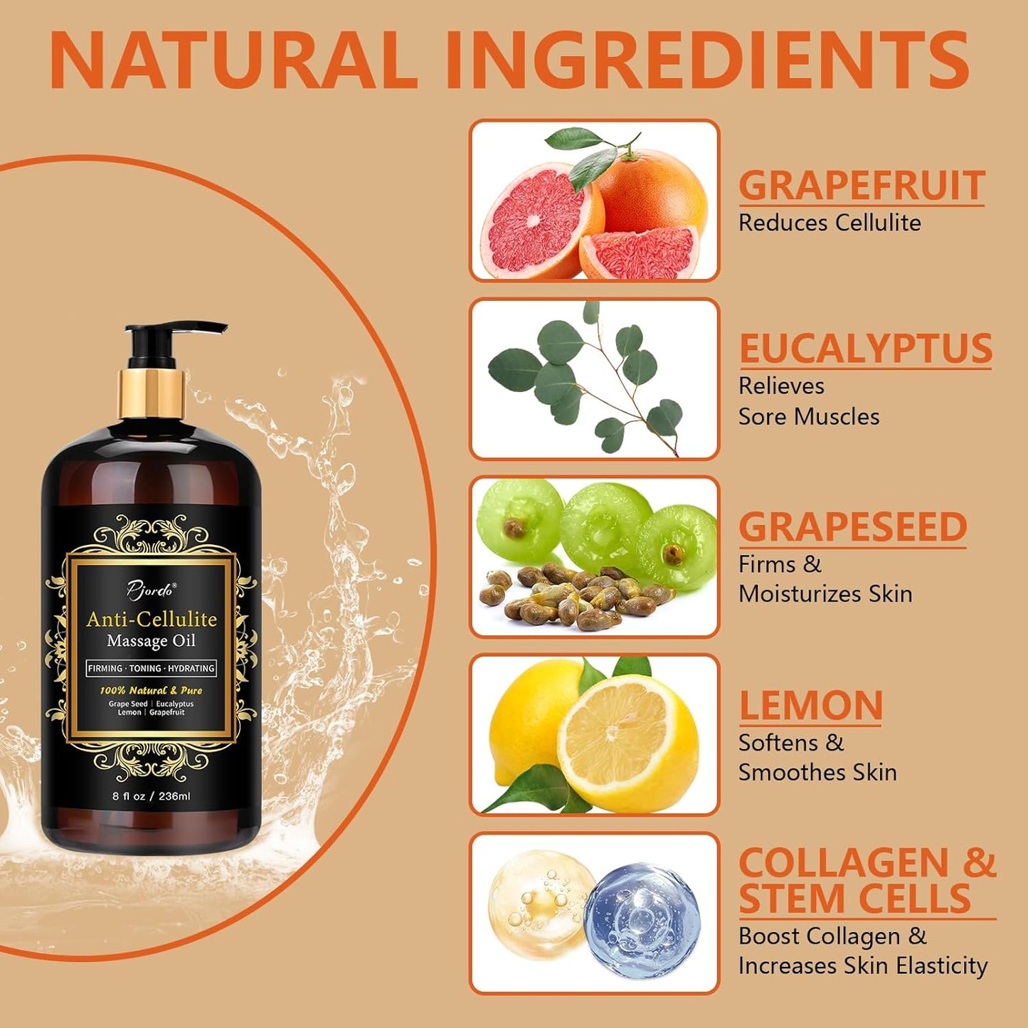 Anti Cellulite Massage Oil & Hot Cream Set with Massager, Natural Cellulite Remover, Oil & Massager for Legs Arms and Butt, Firm, Tighten & Moisturize Skin Soothes Muscles (8 Fl Oz)-BrightBean Baby