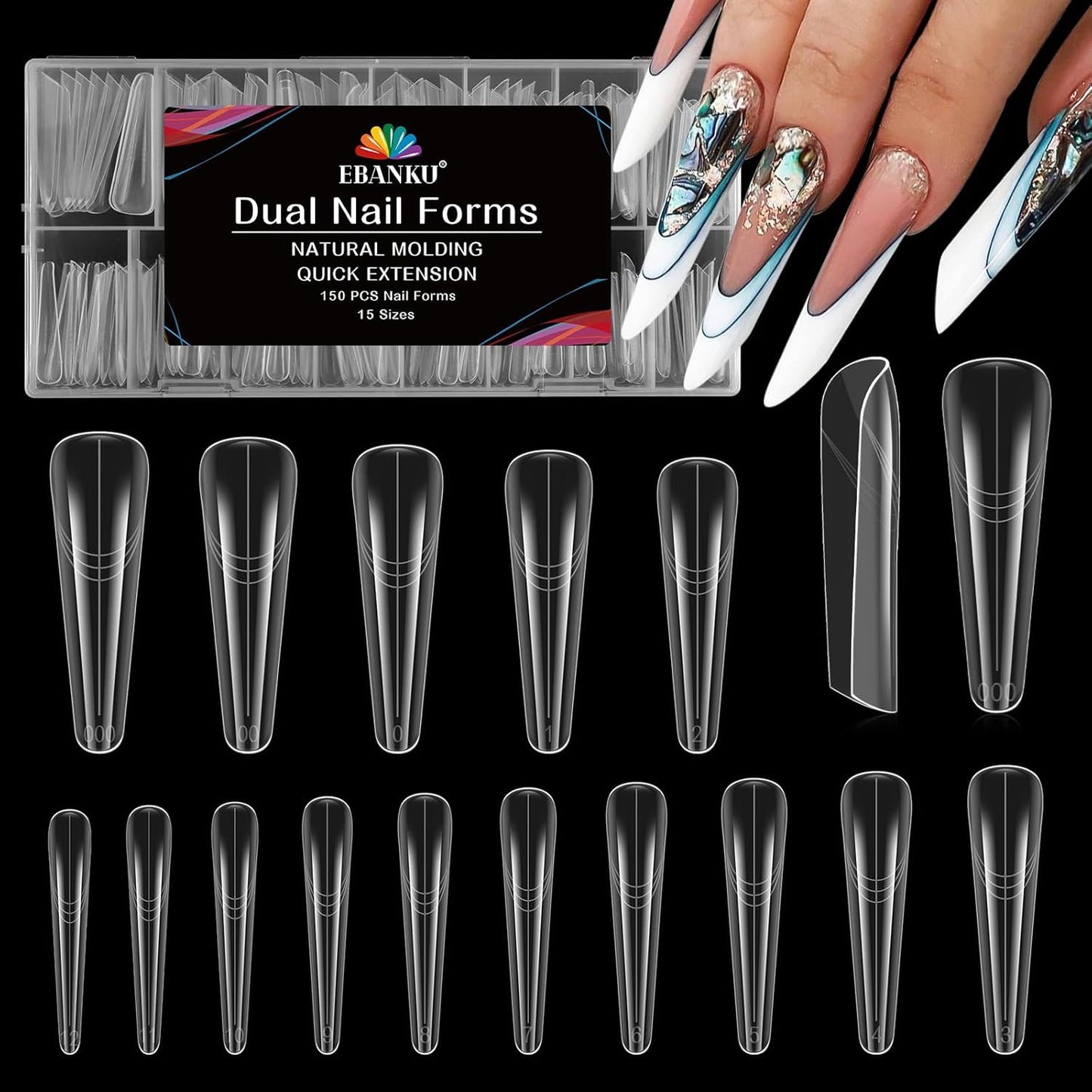 EBANKU Dual Nail Forms for Poly Extension Gel, 150 PCS Clear Coffin Nail Molds Reusable 15 Sizes Nail Extension Forms for Builder Gel Manicure Design Salon DIY-BrightBean Baby