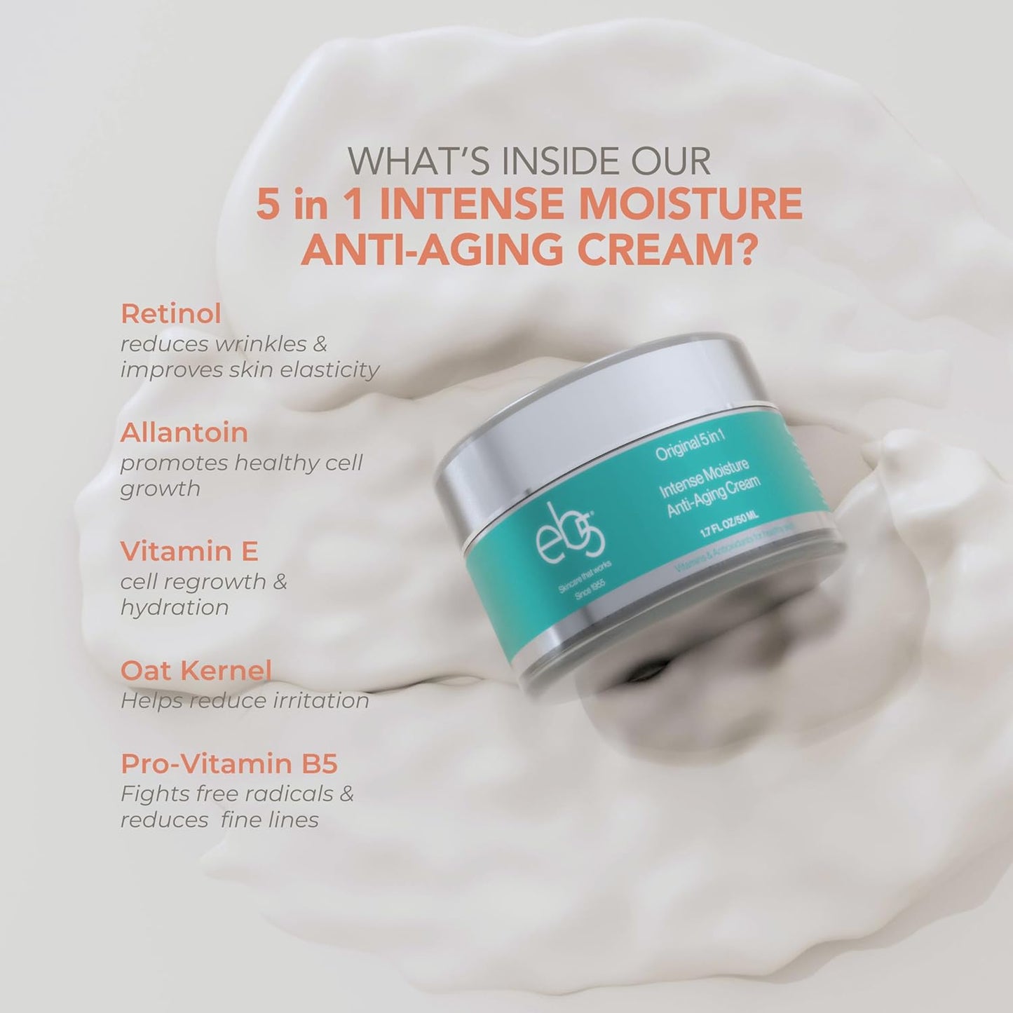 eb5 Intense Moisture Anti Aging Moisturizer Face & Neck Cream- Tone Tighten Skin with Retinol, Fade Fine Lines & Wrinkles with Vitamin E, A & B5-1.7oz.-BrightBean Baby