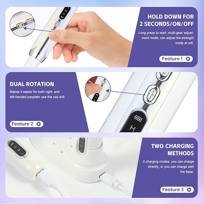 Electric Nail Drill File Cordless,Portable Rechargeable Nail File Kit for Acrylic & Gel Nails,Professional Efile for Manicure Pedicure Polishing,with 12 Nail Drill Bits 31 Sanding Bands,White-BrightBean Baby