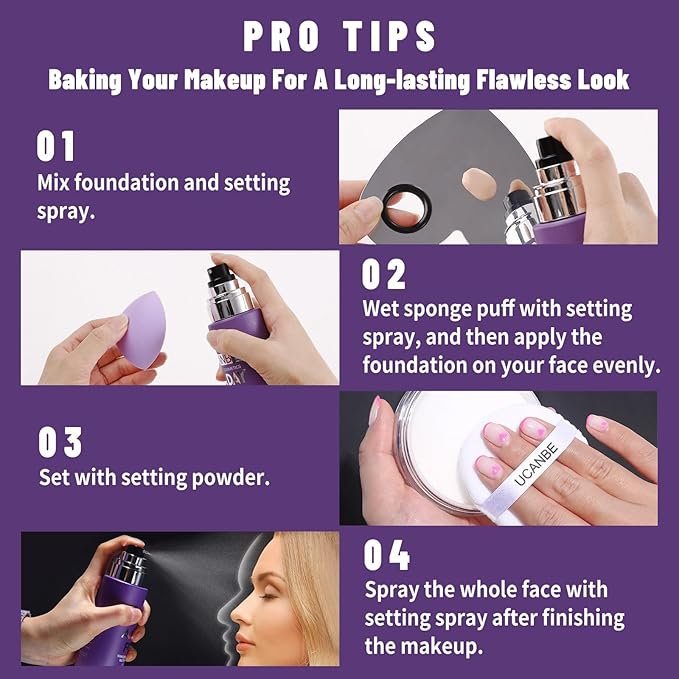 UCANBEMAKUP Long Lasting Makeup Setting Spray Kit- 6.76 Fl oz Hydrating Matte Finish Mist Lightweight Face Make up Fixer +Translucent Loose Setting Powder+2PC Sponge Puff Set-BrightBean Baby
