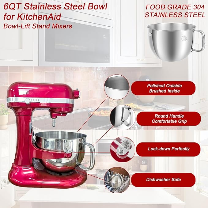 6QT Stainless Steel Mixer Bowl with Handle Compatible with KitchenAid Bowl Lift Stand Mixers KD2661, KL26M, KP26M1, KP26M8, KP26N9, KV25G, KV25M. Replacment for KitchenAid 6 Quart Mixing Bowl KN2B6PEH