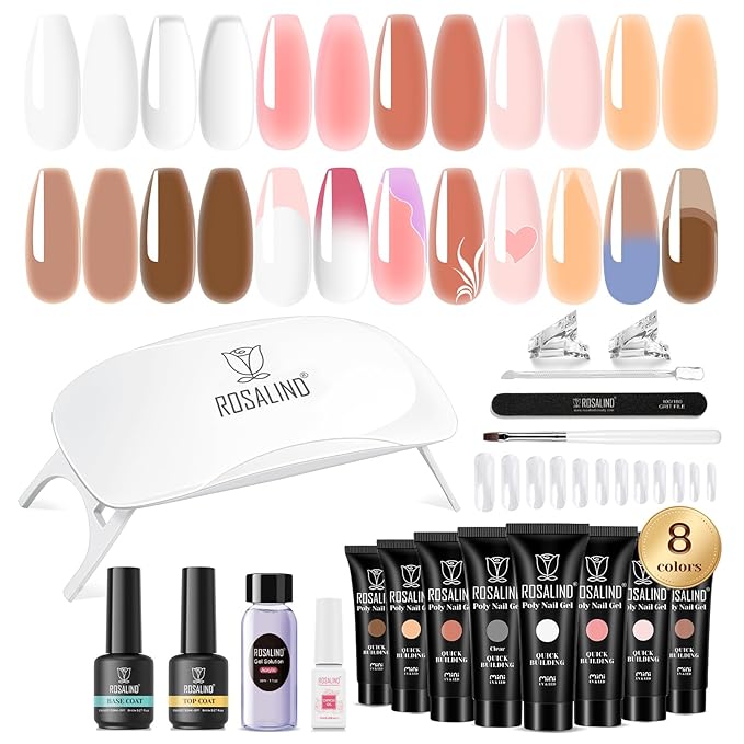 ROSALIND Poly Nail Gel Kit -8 Colors + Nail Art Accessories Kit Neon Poly Nails Gel Kit Starter Kit With Slip Solution Pro Clear Bright Colors Nail Extensions Gel Set with Mini UV Lamp-BrightBean Baby