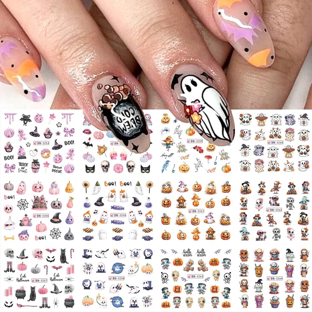 12 Sheets Halloween Nail Art Stickers Pink Pumpkin Water Transfer Nail Decals Cute Ghost Spider Skeleton Acrylic Nail Stickers for Women DIY Manicure Tips Halloween Nail Art Decorations Supplies-BrightBean Baby