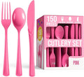 Party Solids Hot Pink Plastic Silverware Heavy Duty 150 Pieces Hot Pink Plastic Cutlery Sets, Utensil Sets, 50 Of Each Forks, Knives & Spoons Disposable Cutlery Set, Flatware Set For Party Supplies