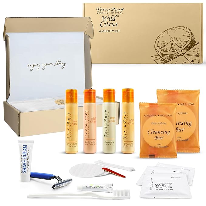 Terra Pure Amenity & Accessory Kit |1 oz Travel Size Shampoo, Conditioner, Lotion, Body Wash, 2 Cleansing Bars, Shave & Dental Sets, Make-Up Remover Wipes, & Vanity Kit | 1 set per case-BrightBean Baby