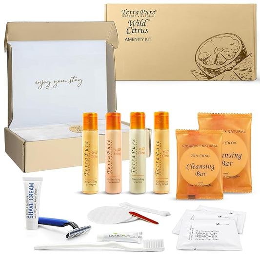 Terra Pure Amenity & Accessory Kit |1 oz Travel Size Shampoo, Conditioner, Lotion, Body Wash, 2 Cleansing Bars, Shave & Dental Sets, Make-Up Remover Wipes, & Vanity Kit | 1 set per case-BrightBean Baby