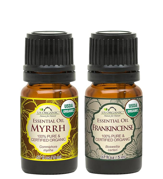 US Organic 100% Pure Myrrh, Frankincense Essential Oil Combo Pack - Directly sourced from The Horn of Africa - USDA Certified Organic - Use Topically or in Diffuser (5 ml Combo)-BrightBean Baby