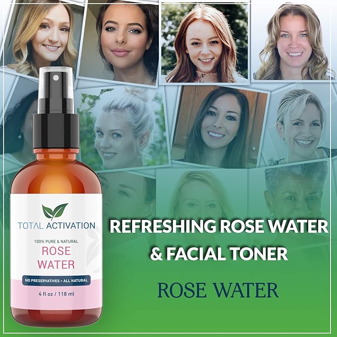 Large 4 oz 100% Pure, Organic Moroccan Rose Water Spray Face Toner, Skin Body Hair Spray, Eye Makeup Remover Alcohol Free Toner Minimizes Scar Hydrating Soothing Mist for Dry Oily Combination Skin-BrightBean Baby