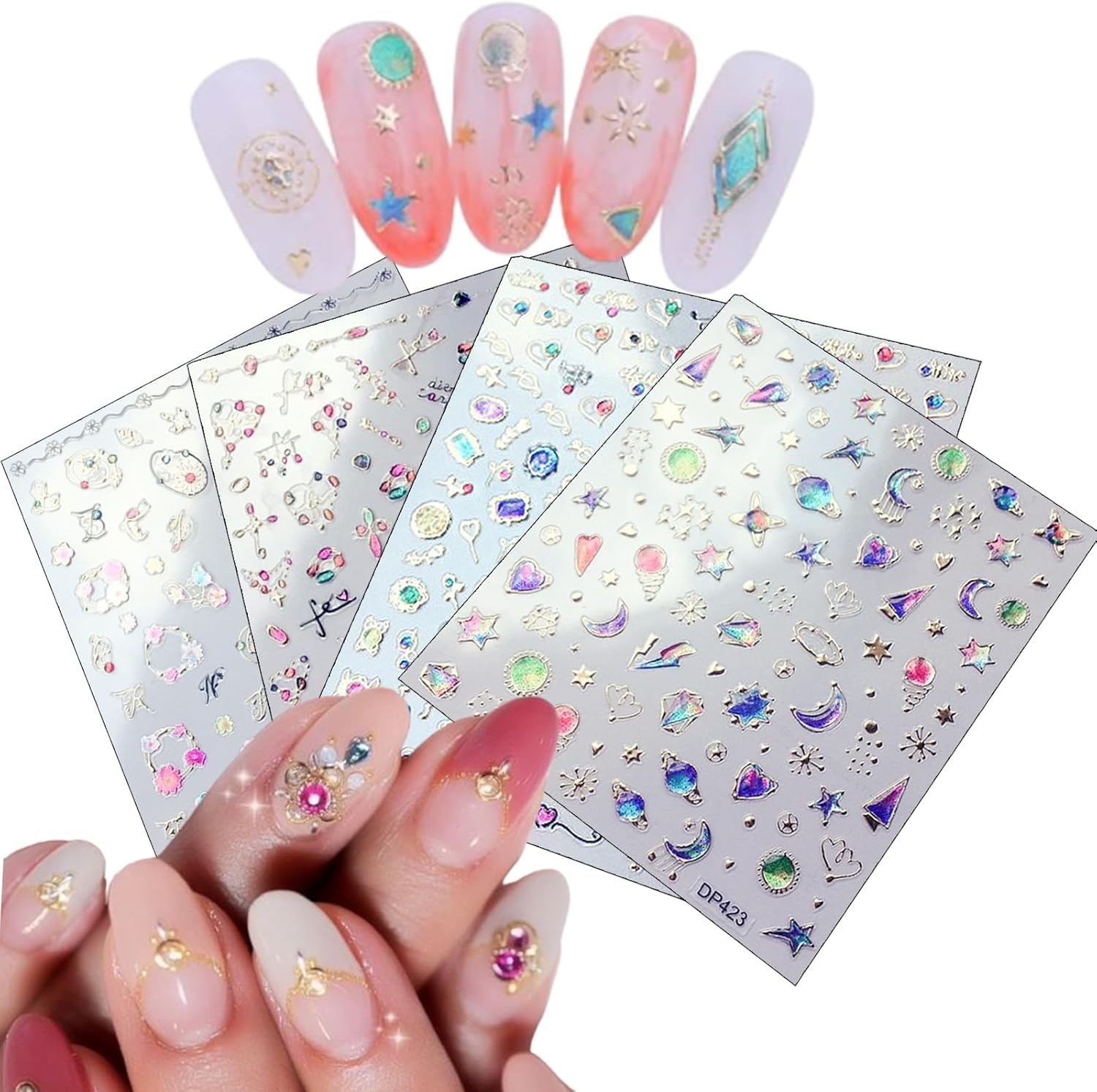 4 Sheets Star Sun Moon Nail Art Stickers 3D Holographic Self Adhesive Glitter Colorful Floral Nail Stickers Sparkly Heart Gems Design Nail Supplies for Women and Girls DIY Manicure Decoration-BrightBean Baby